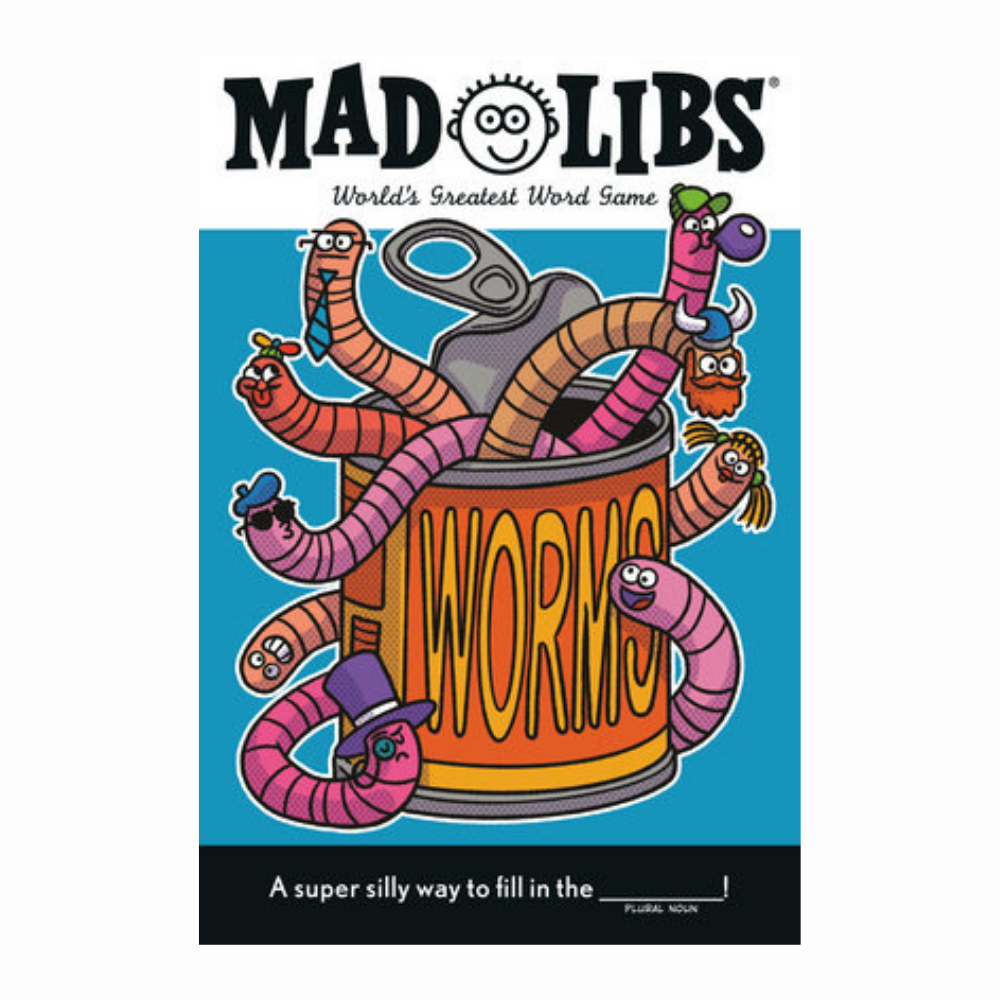 Can of Worms Mad Libs cover with cartoon worms bursting from a can