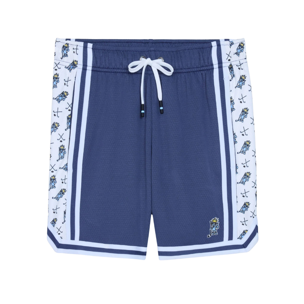 Navy blue Kids' Hockey Mesh Shorts with white trim and hockey player pattern on side panels, white drawstring closure at waistband