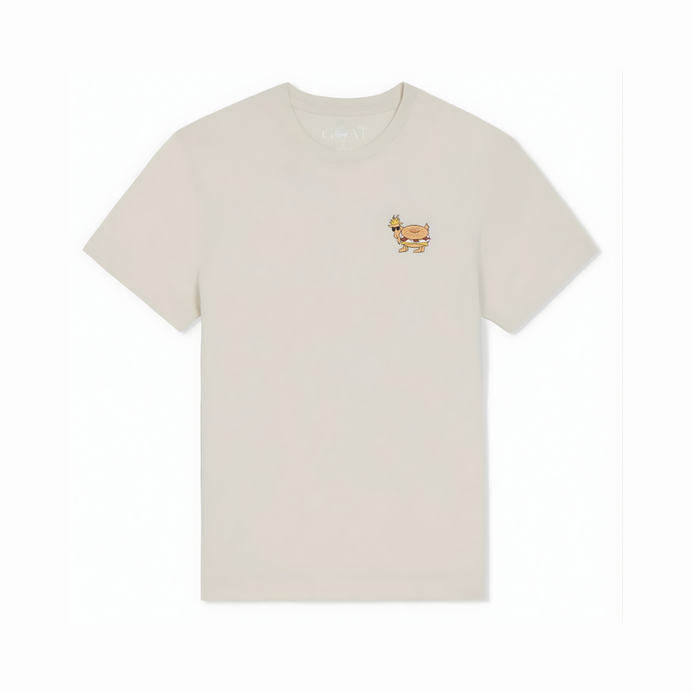 GOAT Breakfast cream t-shirt front view with small chest logo and crew neck design