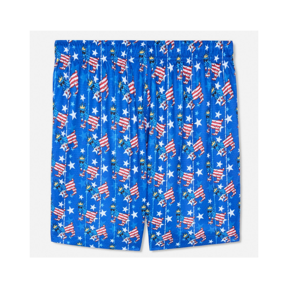 Back view of GOAT Freedom Mesh Shorts showing full patriotic moose pattern with stars and stripes on blue mesh material
