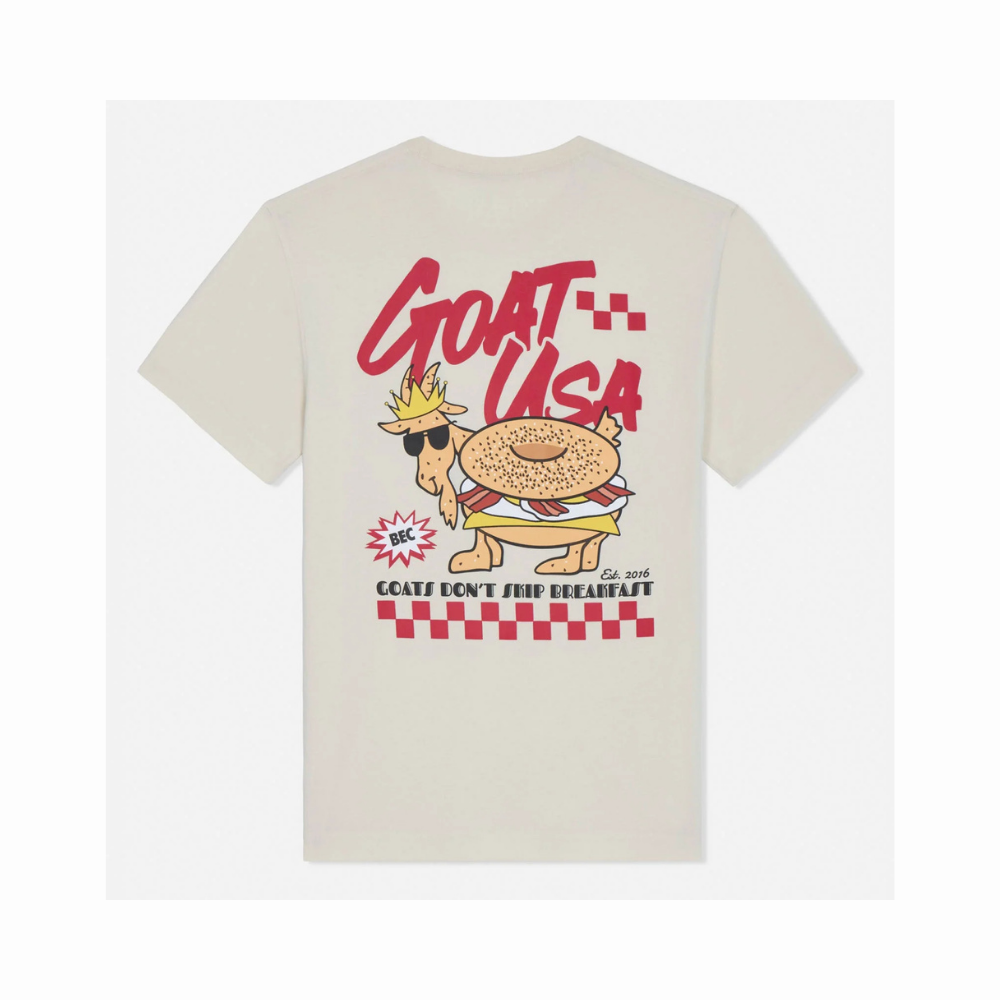 GOAT Breakfast T-Shirt in cream with red graphic showing cartoon goat dressed as sesame bagel sandwich on back