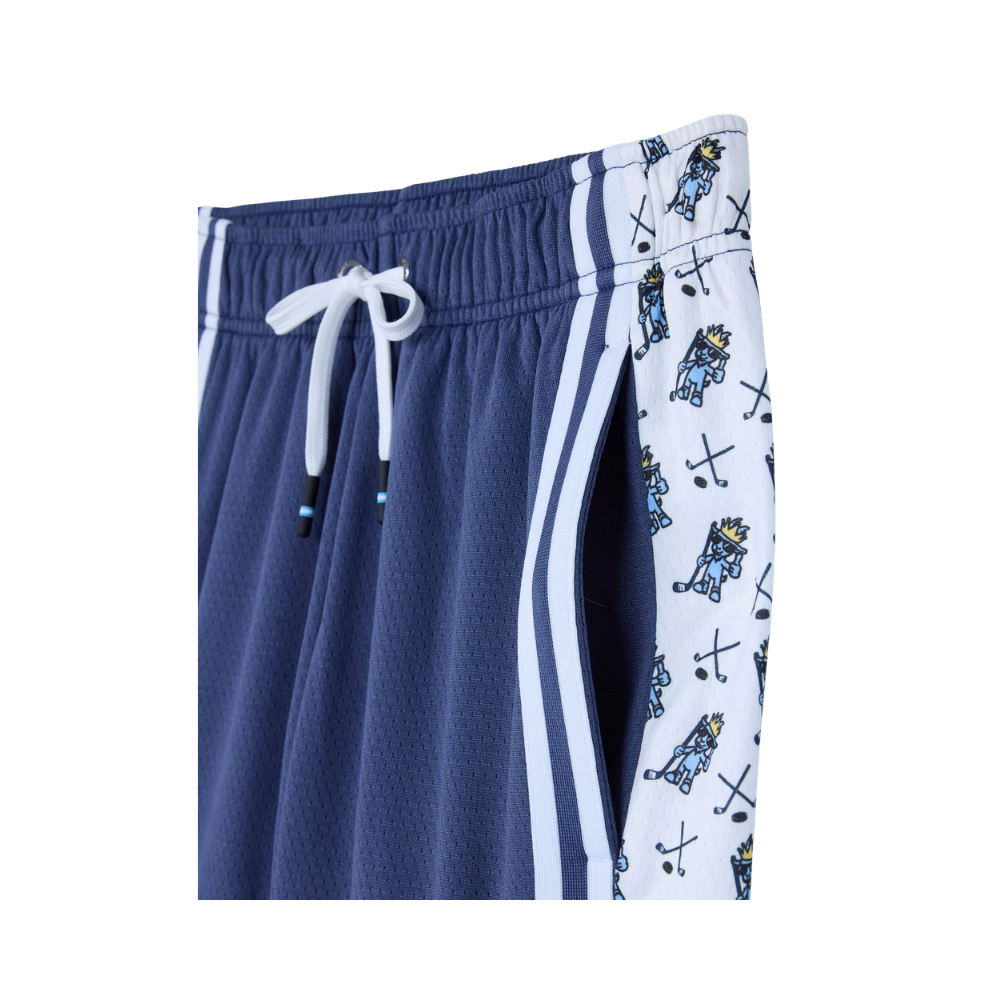 Close-up of Kids' Hockey Mesh Shorts showing white drawstring ties and detailed view of hockey player and crossed sticks pattern on side panel