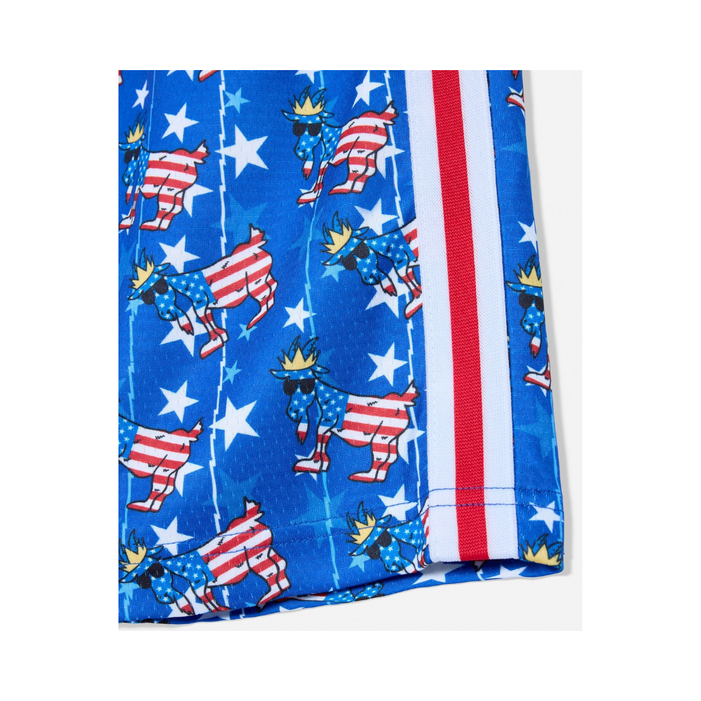 Detail view of GOAT Freedom Mesh Shorts leg opening showing red, white and blue side stripe and patriotic moose print on blue mesh fabric