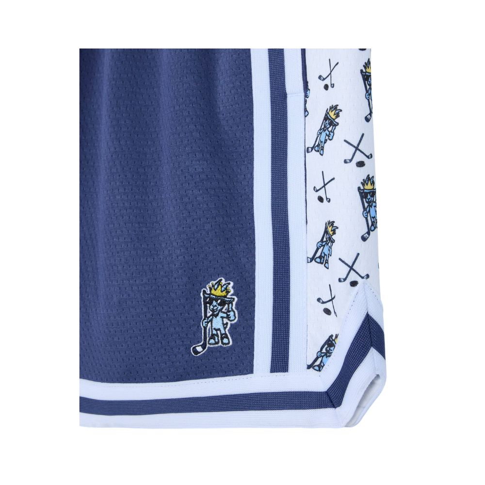 Detail shot of Kids' Hockey Mesh Shorts featuring embroidered hockey player mascot logo on navy mesh fabric with white and navy striped trim
