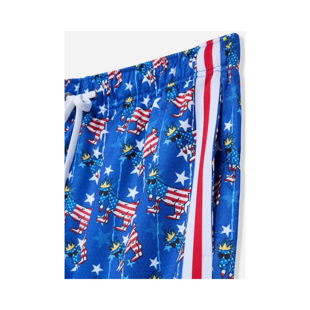 Close-up of GOAT Freedom Mesh Shorts waistband showing elastic band, white drawstring, and patriotic moose pattern with stars and crowns