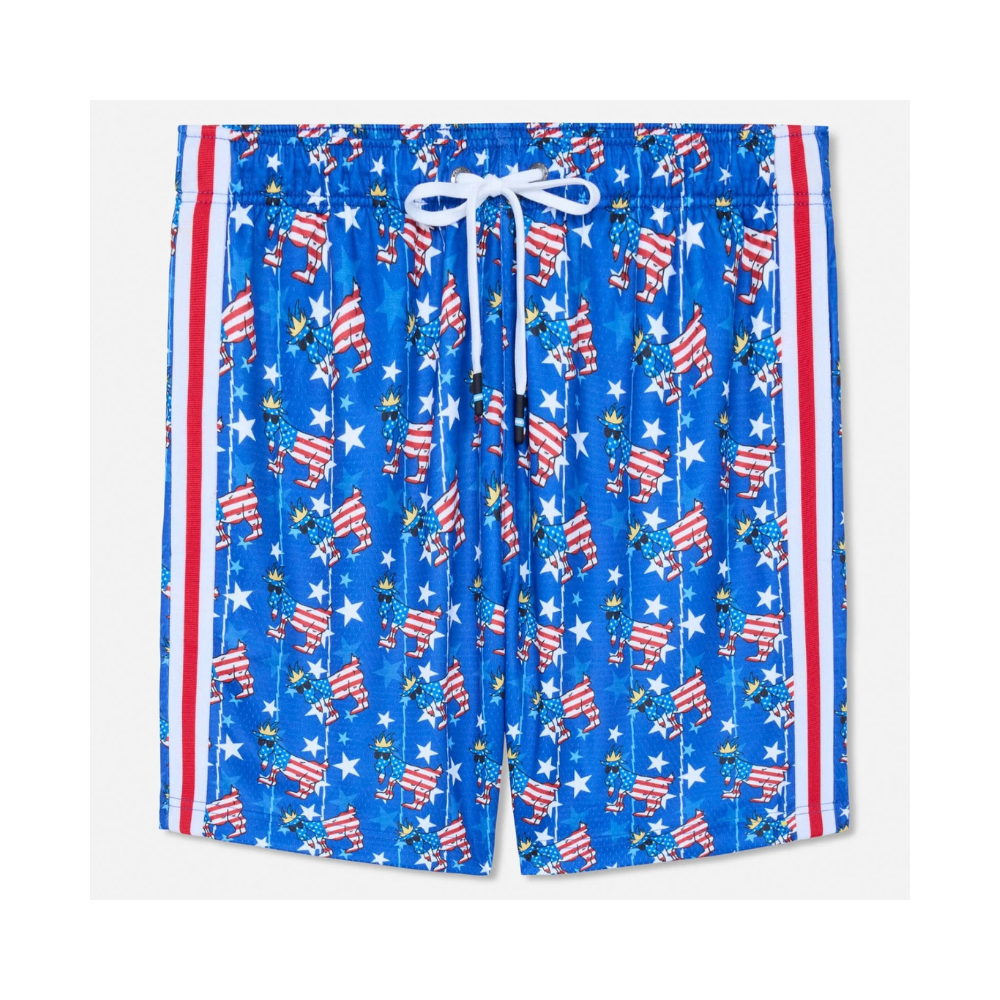 GOAT Freedom Mesh Shorts in blue with patriotic moose print, white stars, and red and white side stripes with white drawstring