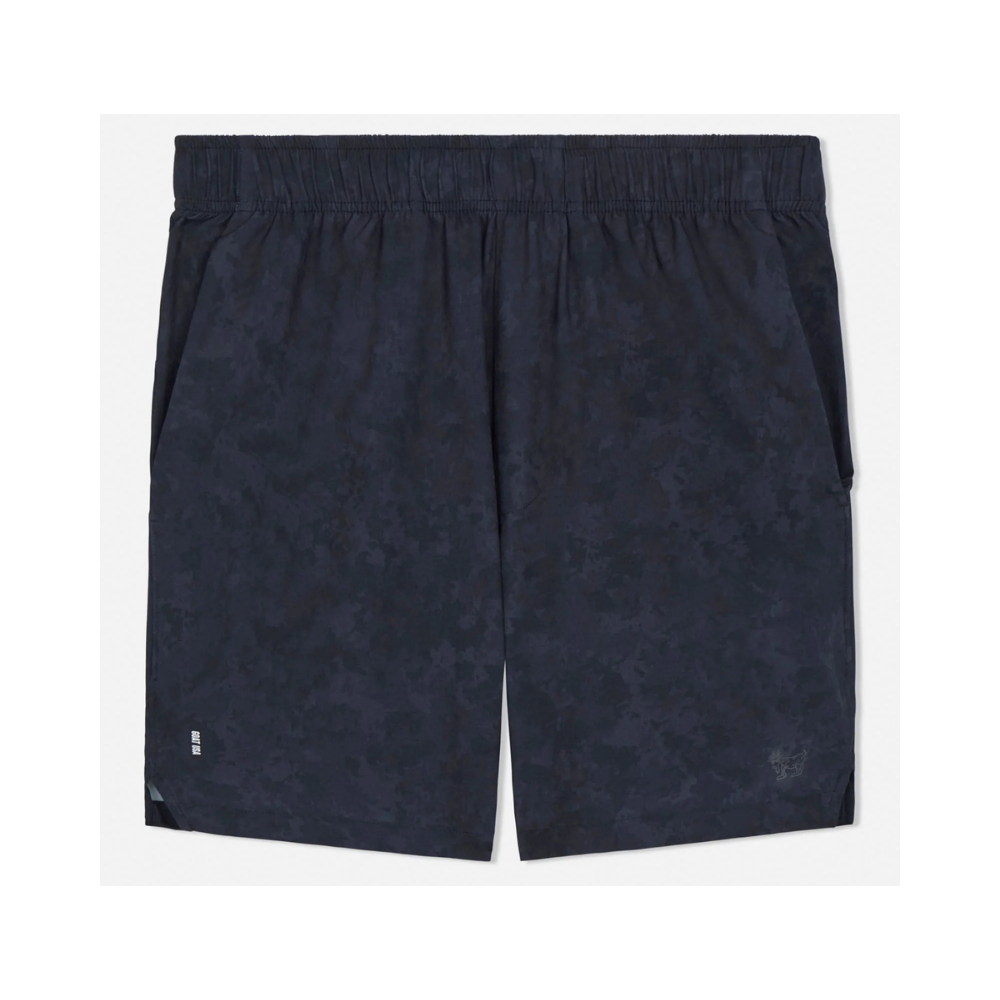 GOAT camo athletic shorts in navy showing full front view with side pockets and camo pattern on lightweight fabric