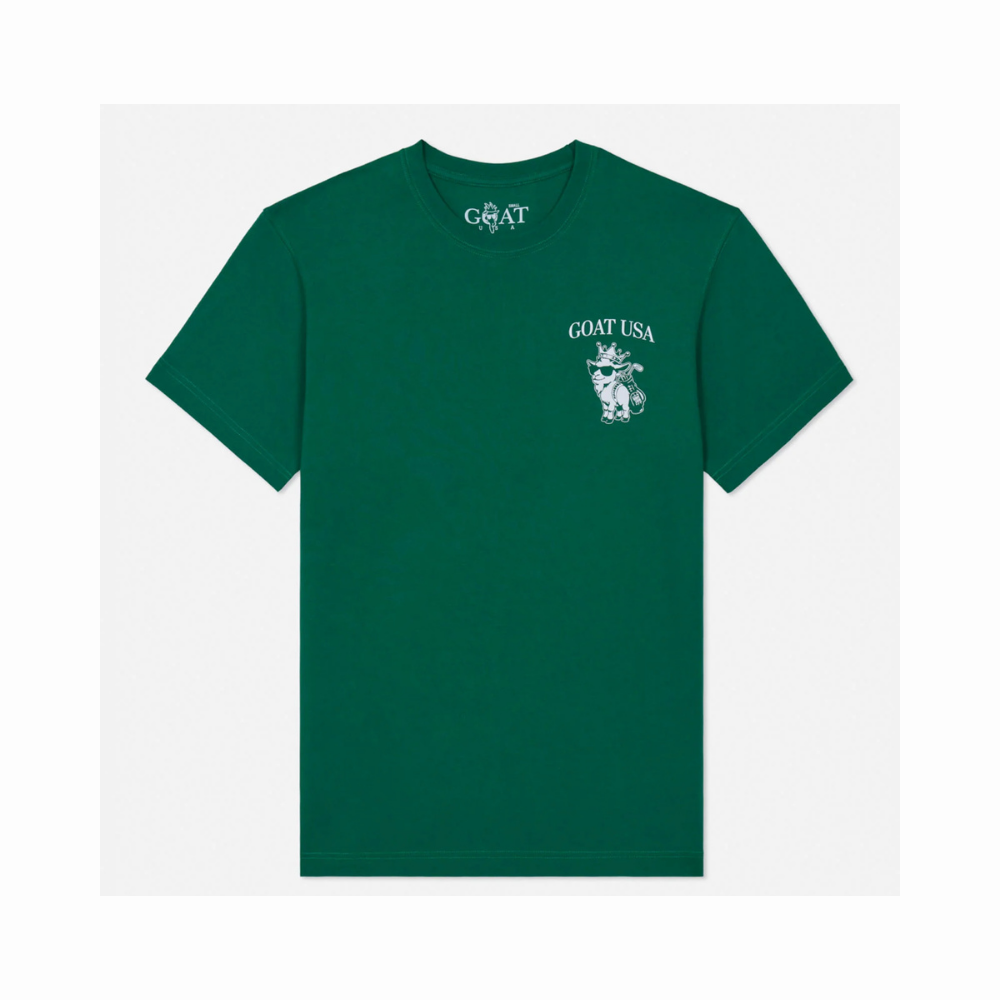 GOAT of the Green forest green t-shirt front view with small GOAT USA logo on chest