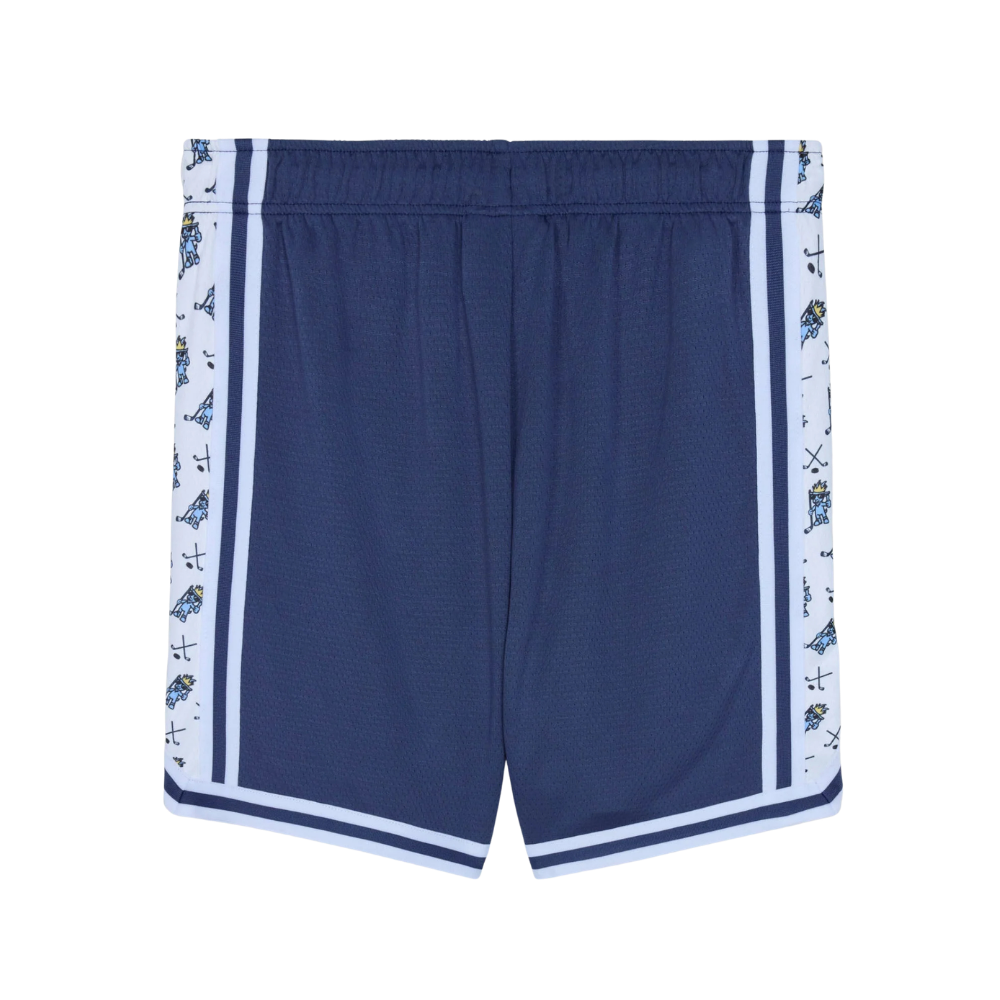 Back view of Kids' Hockey Mesh Shorts in navy blue with hockey-themed side panels and white contrast binding around leg openings