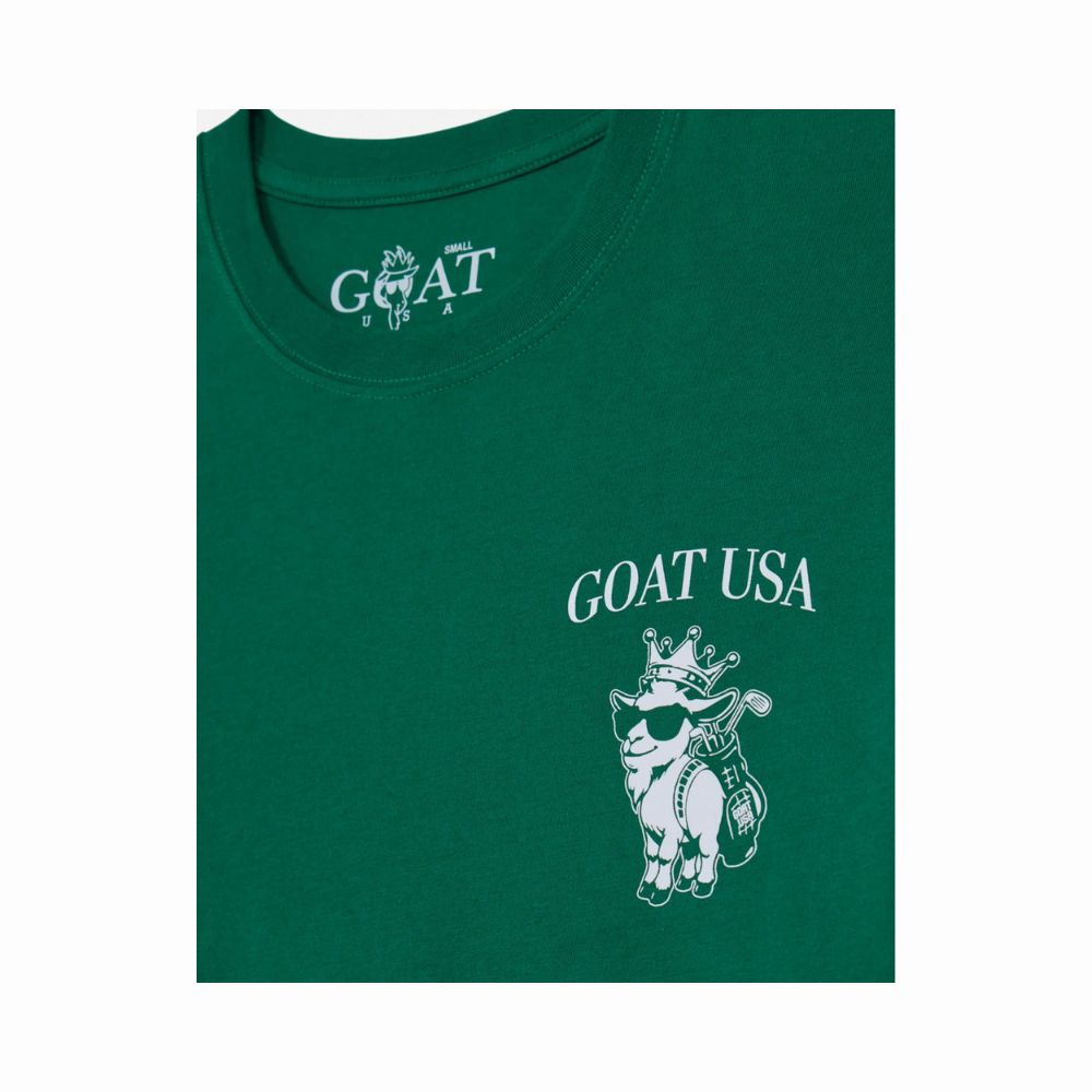GOAT of the Green forest green t-shirt front chest logo showing GOAT USA text with small crowned goat mascot