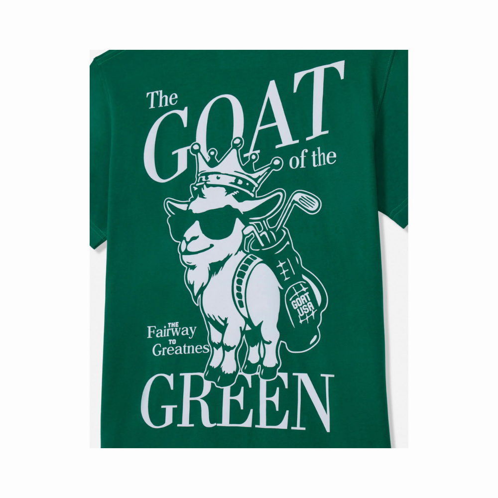 GOAT of the Green forest green t-shirt back design showing goat mascot with crown, sunglasses, golf bag and text The Fairway to Greatness