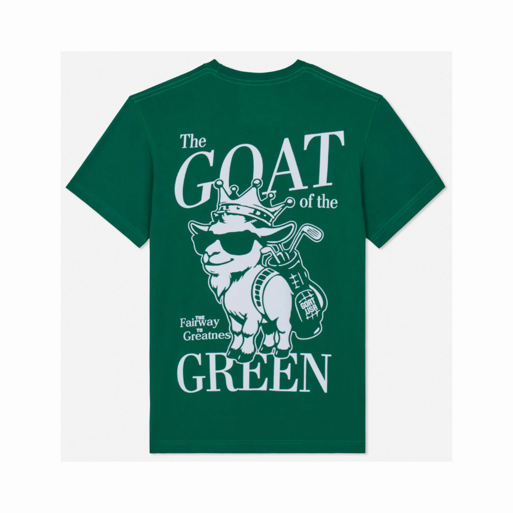 GOAT of the Green forest green t-shirt back view with white text and crowned goat mascot wearing sunglasses and carrying golf bag