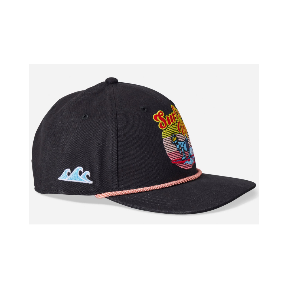 Side angle view of Surf's Up snapback showing embroidered wave patches on side panel and pink rope accent along flat brim