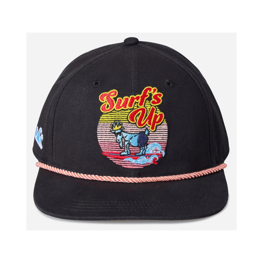 Surf's Up black flat brim snapback hat with retro embroidered surf scene featuring skater, sunset stripes, and pink rope brim detail
