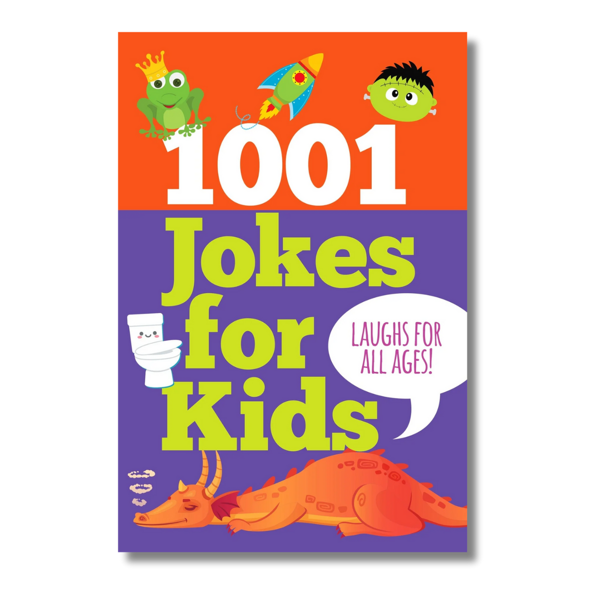 1001 Jokes for Kids book cover with a frog, rocket, monster and sleeping dragon