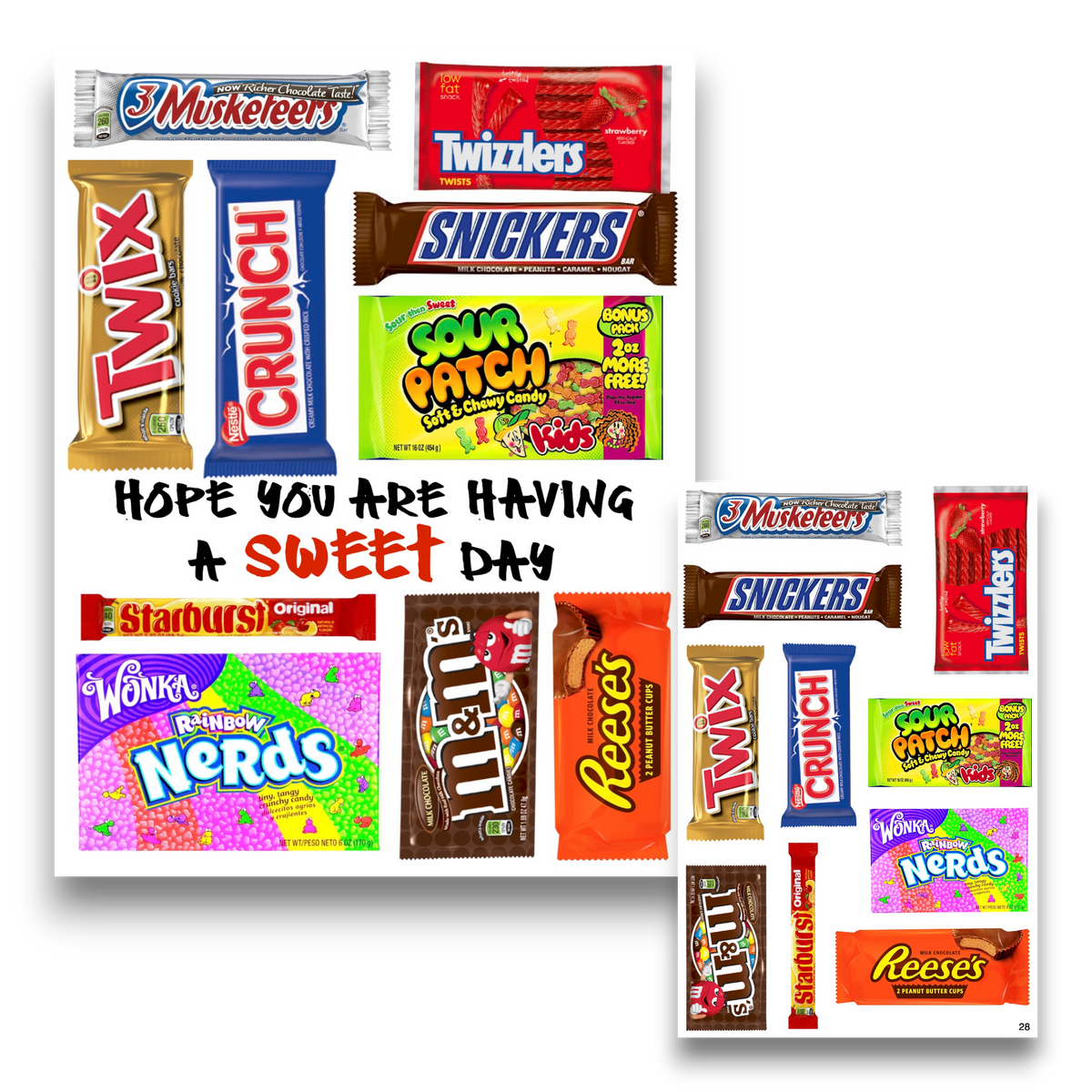 Sweet Day Cling It Card with colorful candy-themed repositionable stickers including 3 Musketeers, Twix, Crunch, Snickers, Sour Patch Kids, M&Ms, Reese's, Starburst, Nerds and Twizzlers designs with Hope You Are Having A Sweet Day message