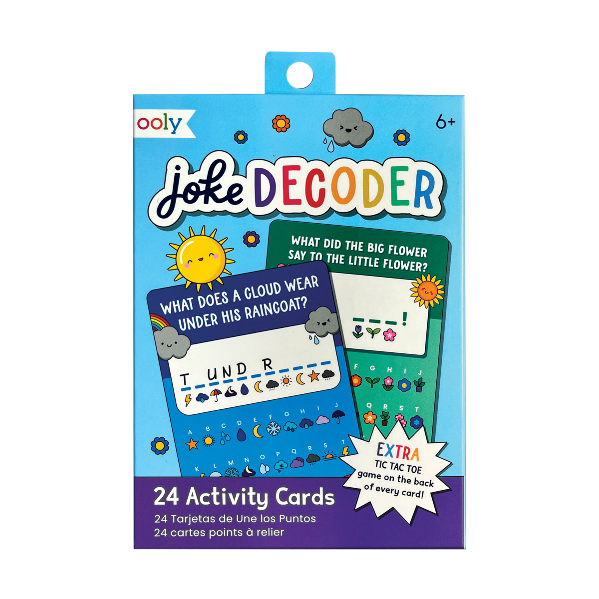 Joke Decoder activity card pack with blue background showing sample puzzle cards with weather-themed jokes and decoder symbols, featuring cloud characters and sun illustrations, 24 cards total for ages 6+