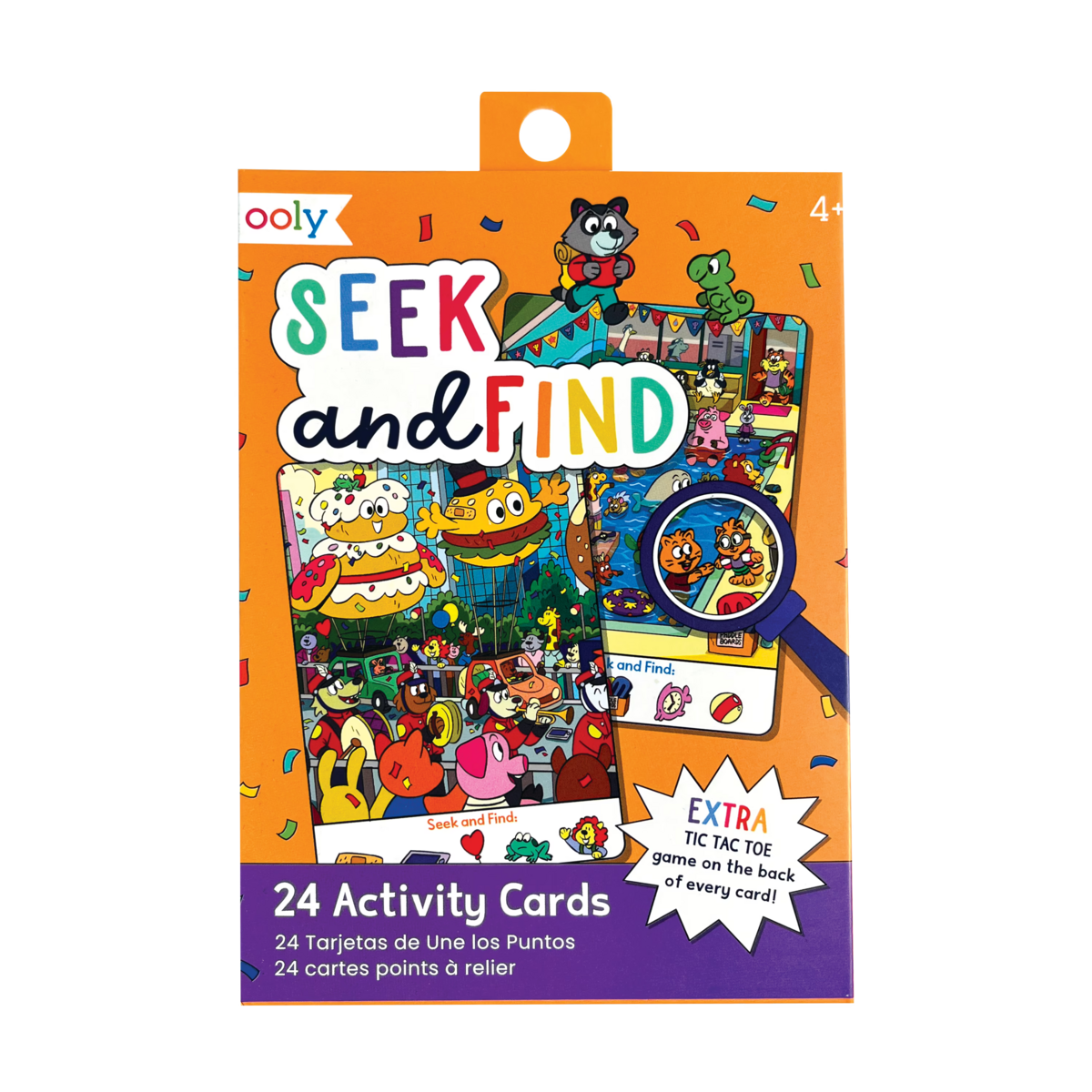 Seek and Find Activity Cards by Ooly in orange packaging with colorful illustrated characters and magnifying glass, showing 24 activity cards with tic-tac-toe game on back