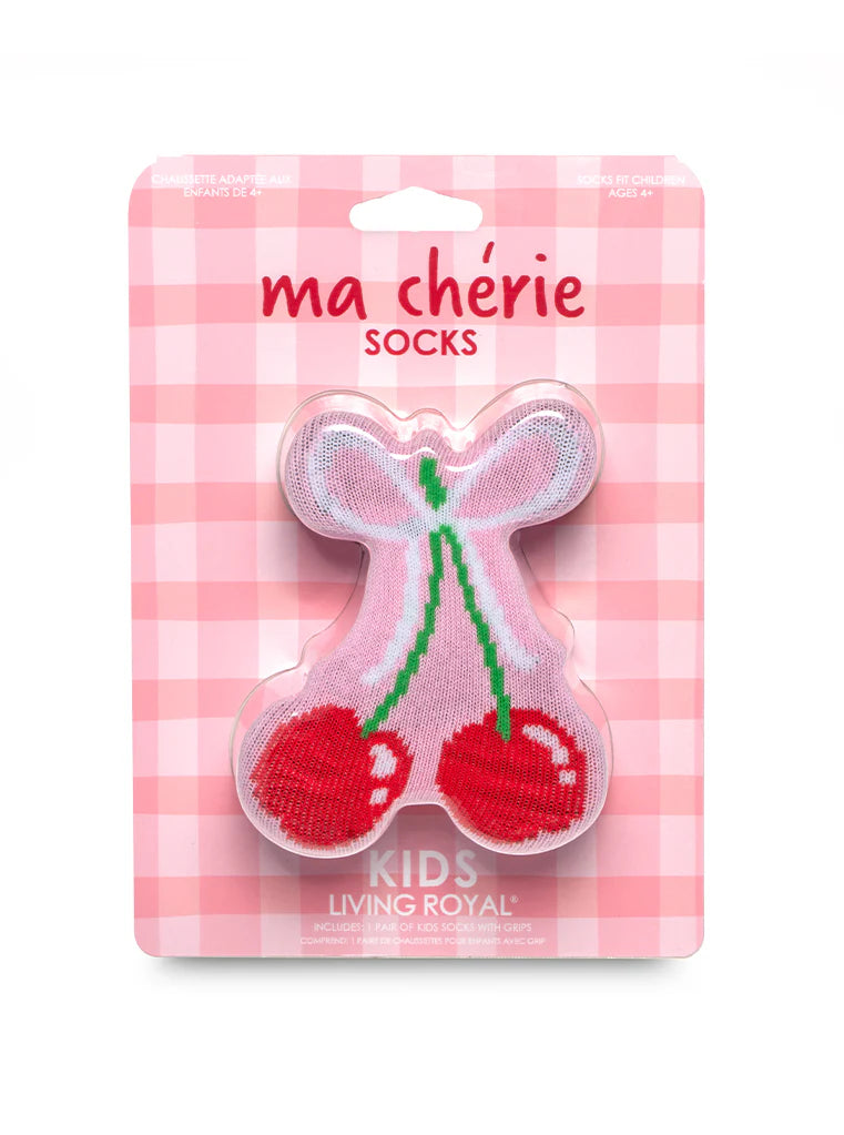 Ma Chérie cherry 3D socks for kids on a pink gingham card with a cherry-and-bow shaped sock pack