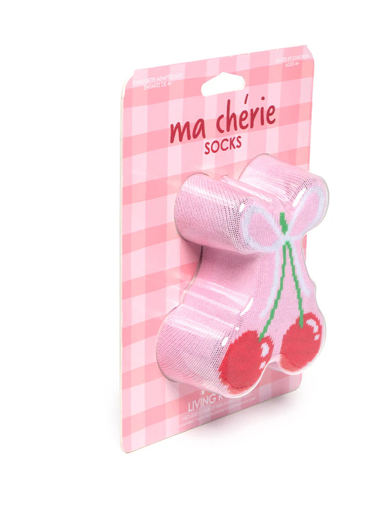 Angled view of the Ma Chérie cherry sock card with the cherry-shaped sock pack