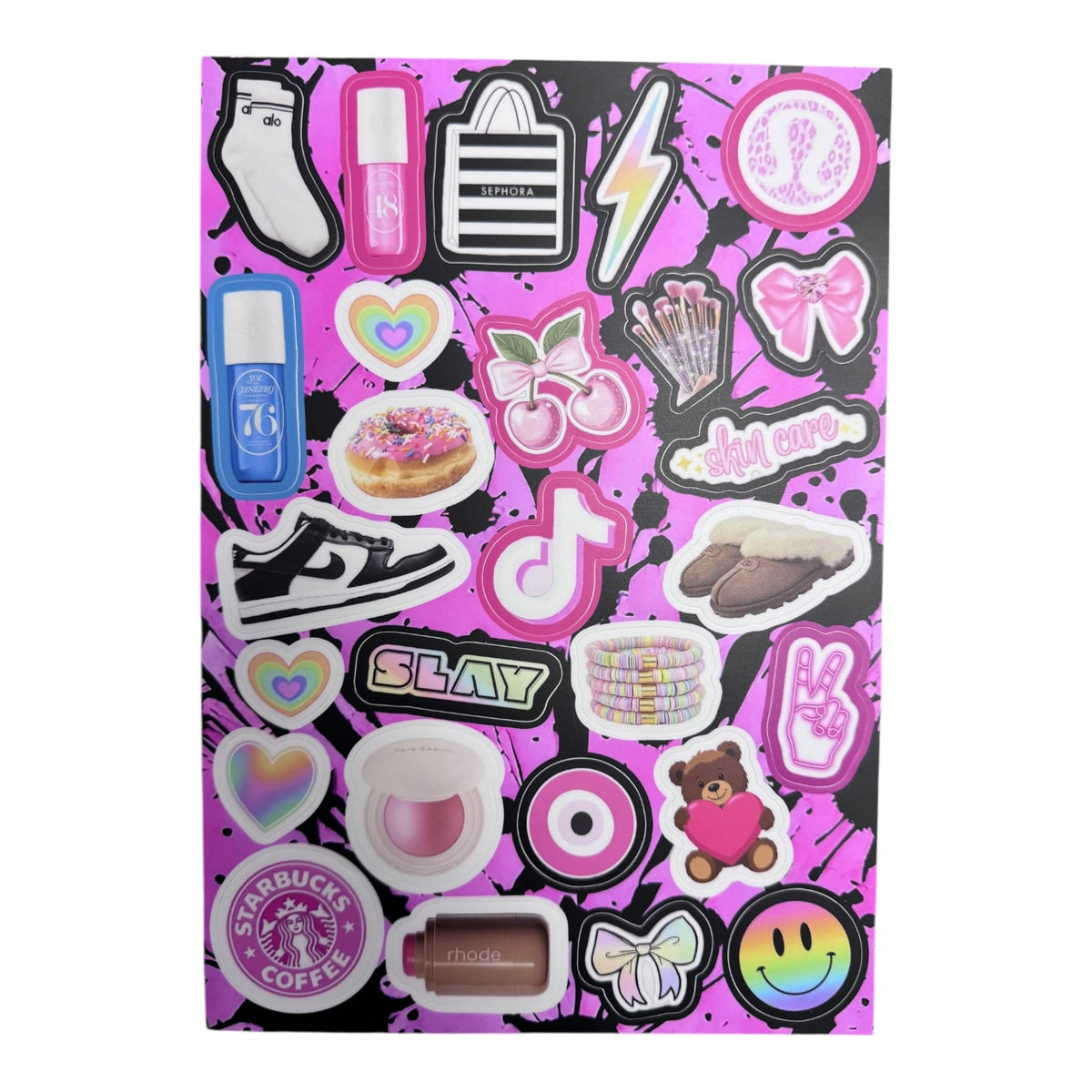 Pink glitter sticker sheet with girly camp designs including lightning bolts, cherries, butterflies, pink bows, donuts, sneakers, Sephora bag, makeup brushes, Starbucks coffee, smiley face, peace sign, TikTok logo, and SLAY text on pink and black patterned background
