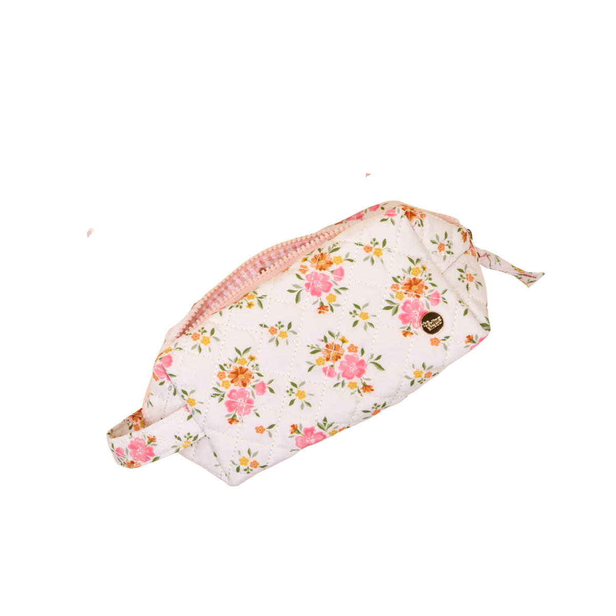 Pink and orange floral quilted cosmetic pouch seen from above and tilted
