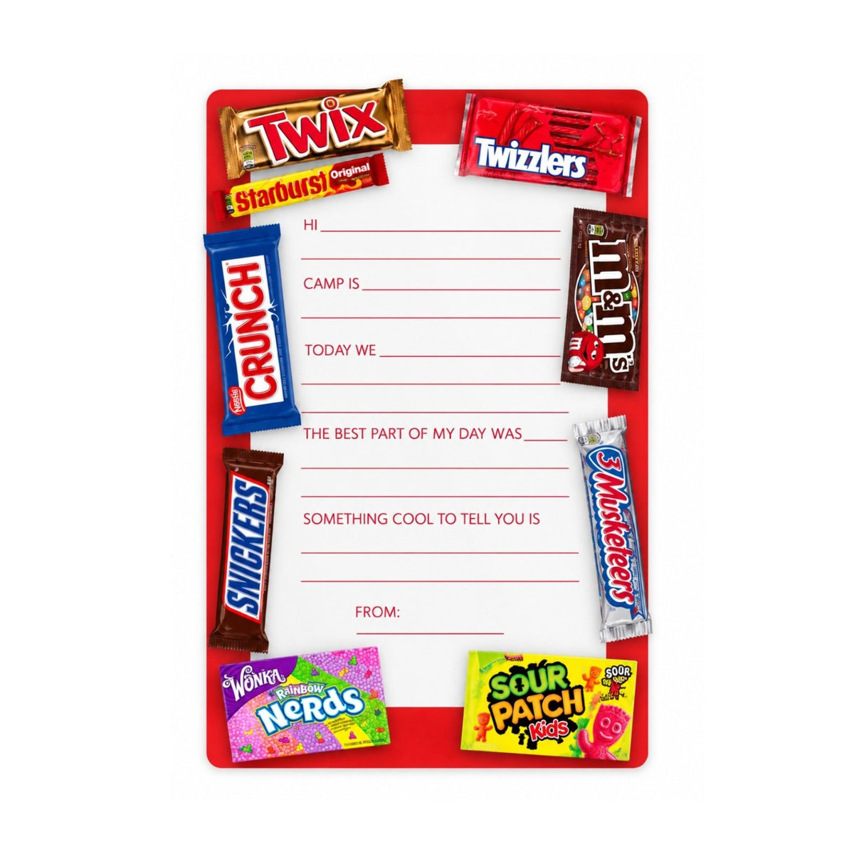 Candy Collage Fill-In camp notepad with a red border and candy like Twix, M&Ms, Snickers, Nerds and Sour Patch