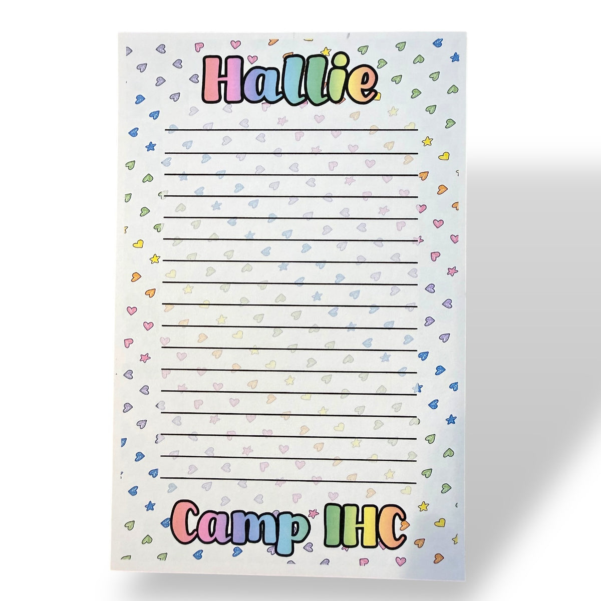 Cosmic Hearts Lined Camp Notecards with tiny hearts and stars, text "Hallie Camp IHC" on lined paper
