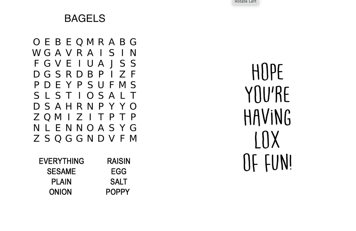 Inside of Camp Is Everything bagel greeting card showing BAGELS word search puzzle with bagel flavors and text Hope you're having lox of fun