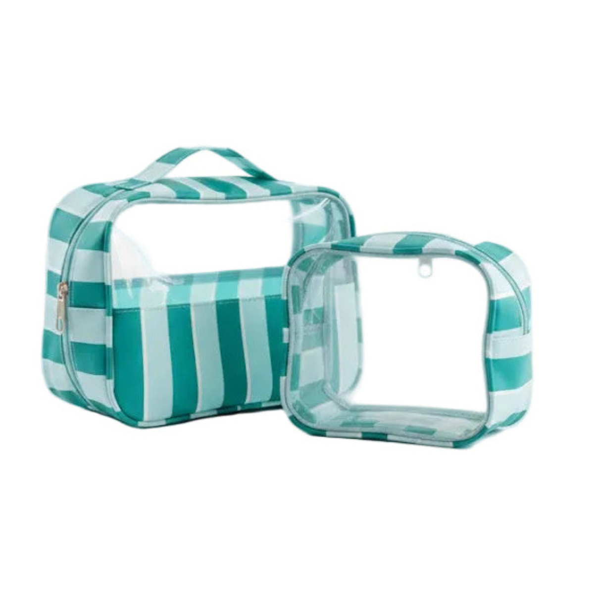 Teal and mint striped clear-front cosmetic bags, one large and one small