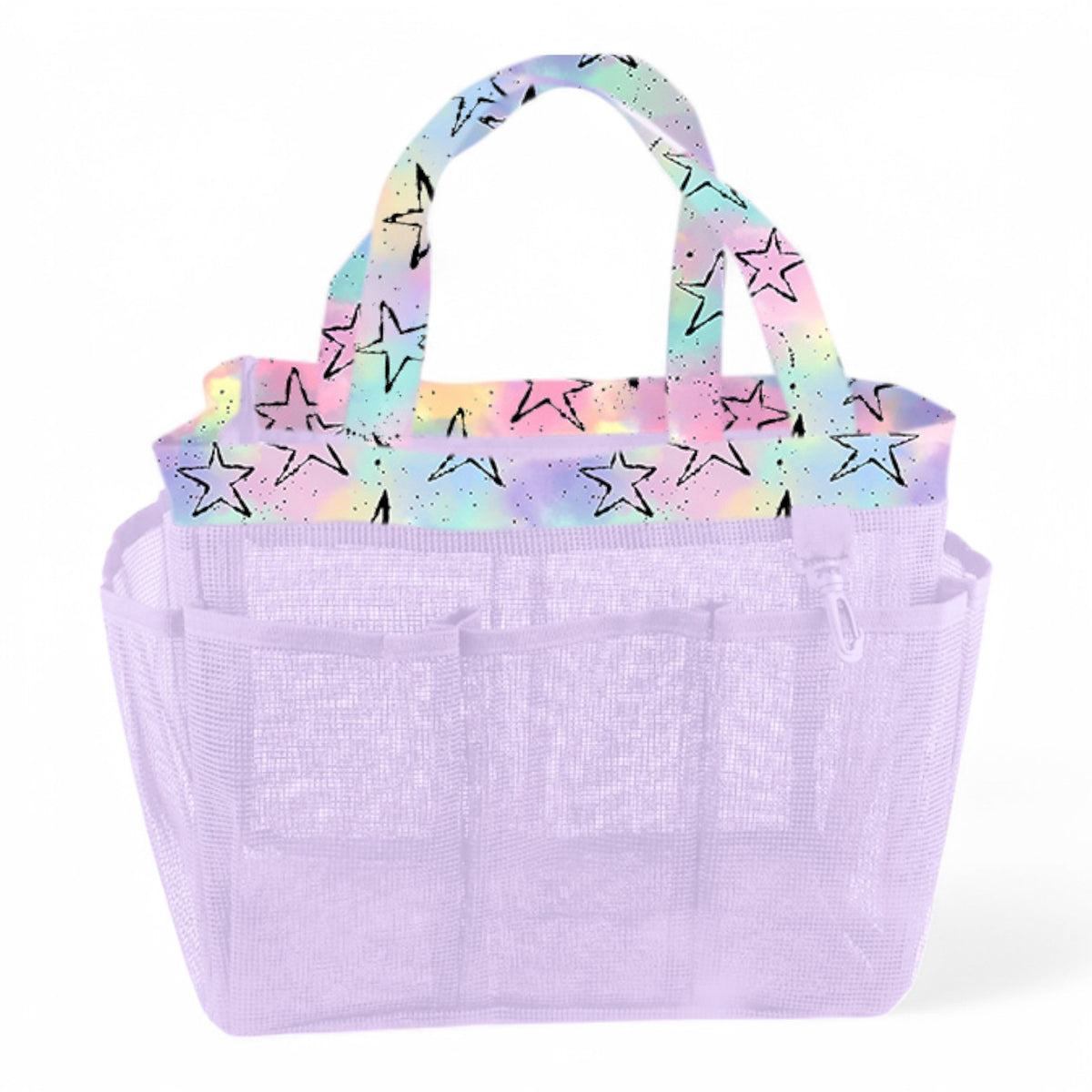 Pastel Splatter Stars Mesh Shower Camp Shower Caddy – Soft, Washable, Camp-Ready