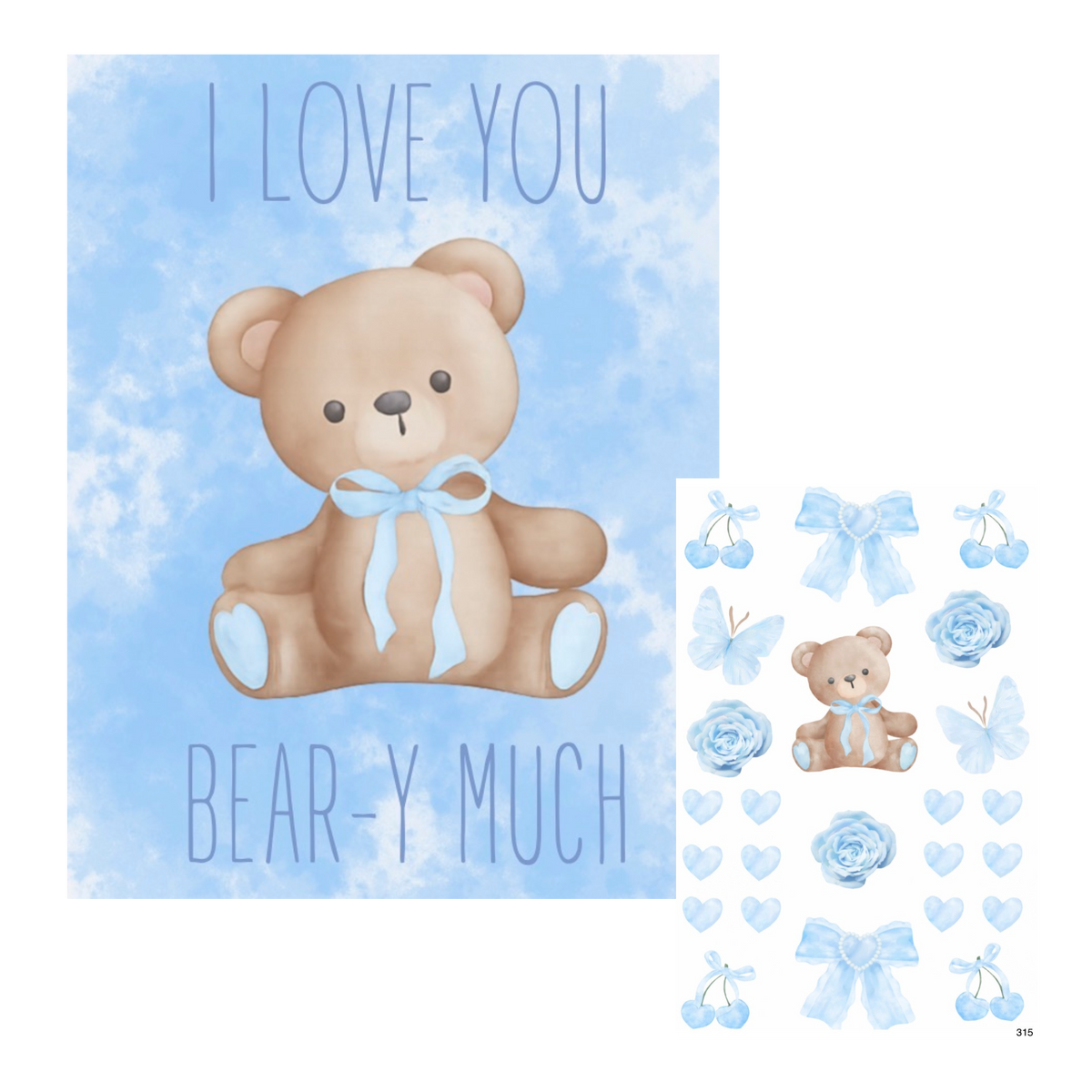 Beary Much Blue Cling It Card featuring tan teddy bear with blue ribbon and I Love You Bear-y Much text with coordinating blue repositionable stickers including bows, flowers, butterflies, cherries and hearts