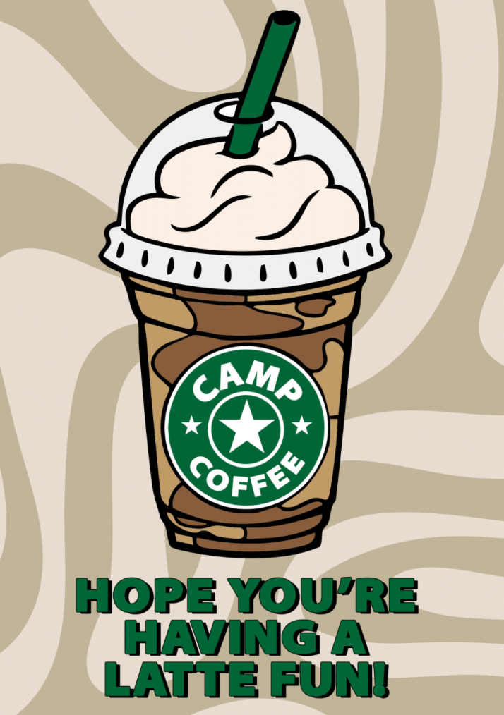 Close-up of 5x7 Camp Coffee card showing frappuccino illustration with Camp Coffee green logo on plastic cup with whipped cream topping on tan and beige wavy striped background