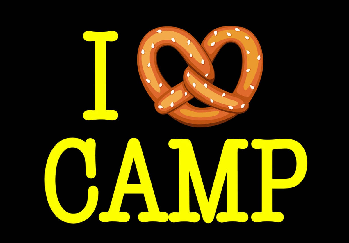 Inside of I Pretzel Camp greeting card showing white interior with text Hope you're having a great time in black typewriter font