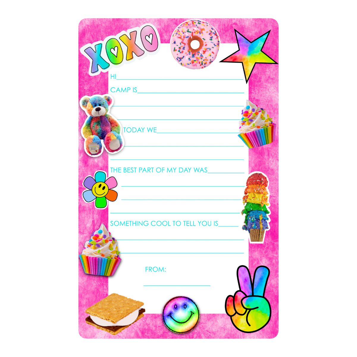 XOXO Sweets Fill-In notepad with a hot pink border, rainbow XOXO, donut, bear, cupcakes and peace sign