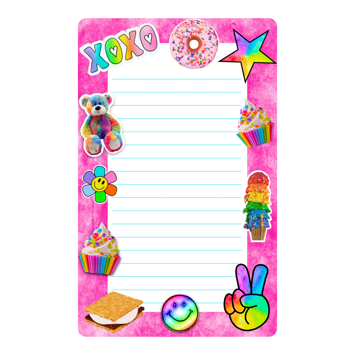 XOXO Sweets lined camp notepad with a hot pink border, rainbow XOXO, bear, donut, cupcakes and peace sign