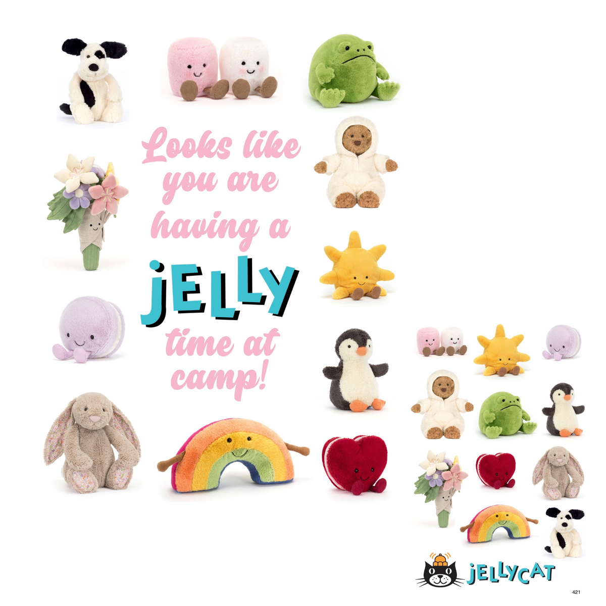 Jellycat Cling It Card featuring cute plush characters including dog, marshmallows, frog, teddy bear in hoodie, sun, octopus, penguin, bunny, rainbow, heart and flower with text 'Looks like you are having a jelly time at camp' on white background