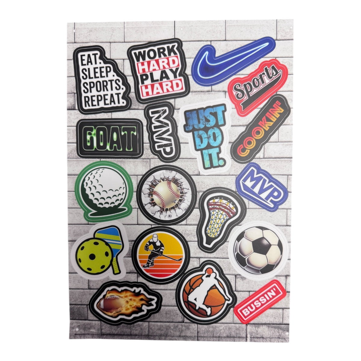 Hall of Fame sports sticker sheet with motivational phrases including Work Hard Play Hard, Just Do It, MVP, GOAT, and images of soccer ball, baseball, basketball, lacrosse stick, pickleball paddle, and Nike swoosh on white brick background