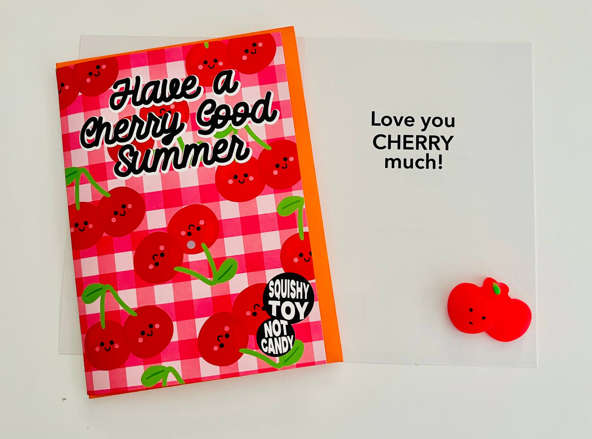 Have a Cherry Good Summer card with mini cherry squishy and orange envelope