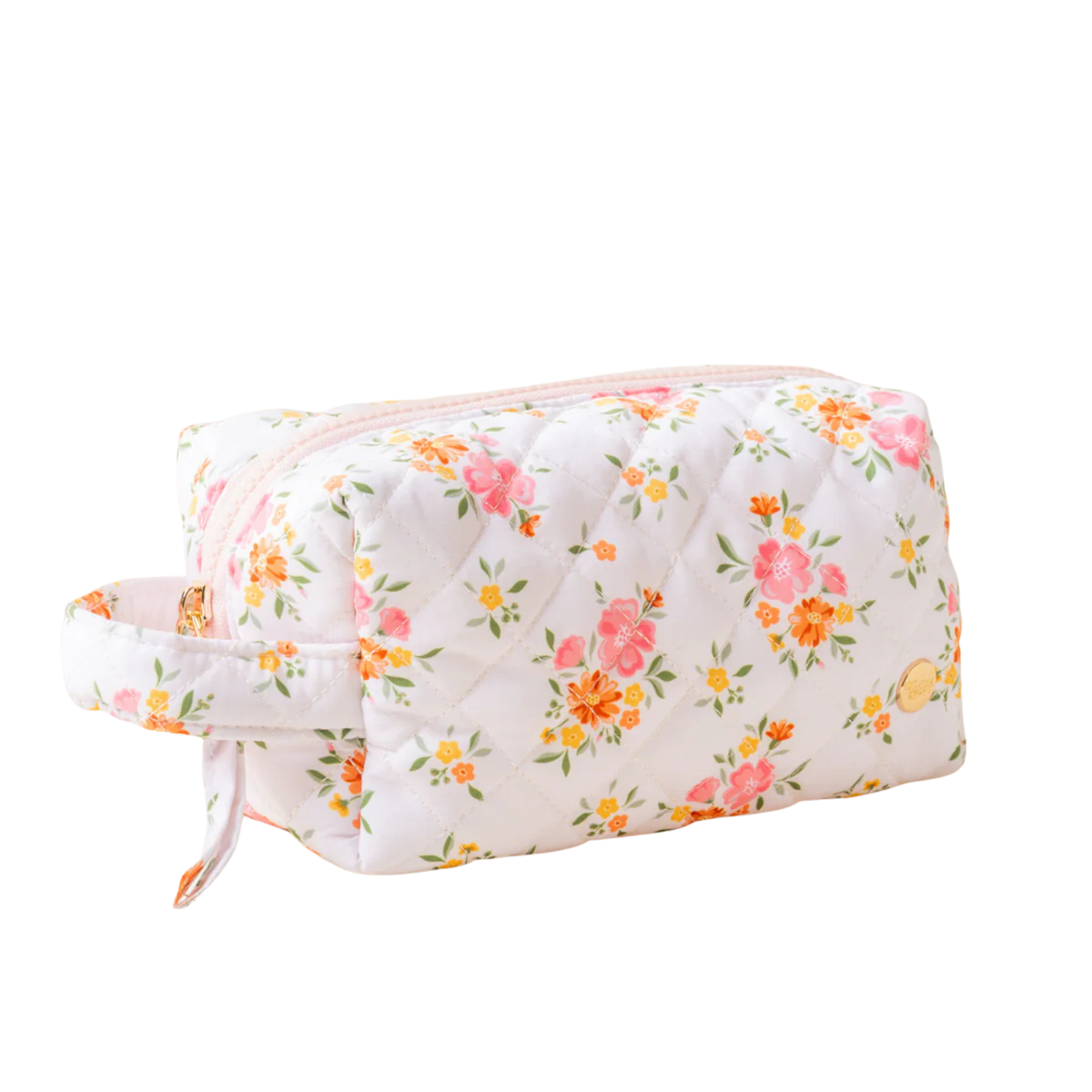 Pink and orange floral quilted cosmetic pouch with a wrist handle