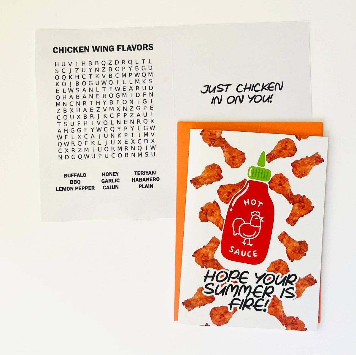 Chicken wing flavors word search puzzle on greeting card with text Just Chicken In On You at top