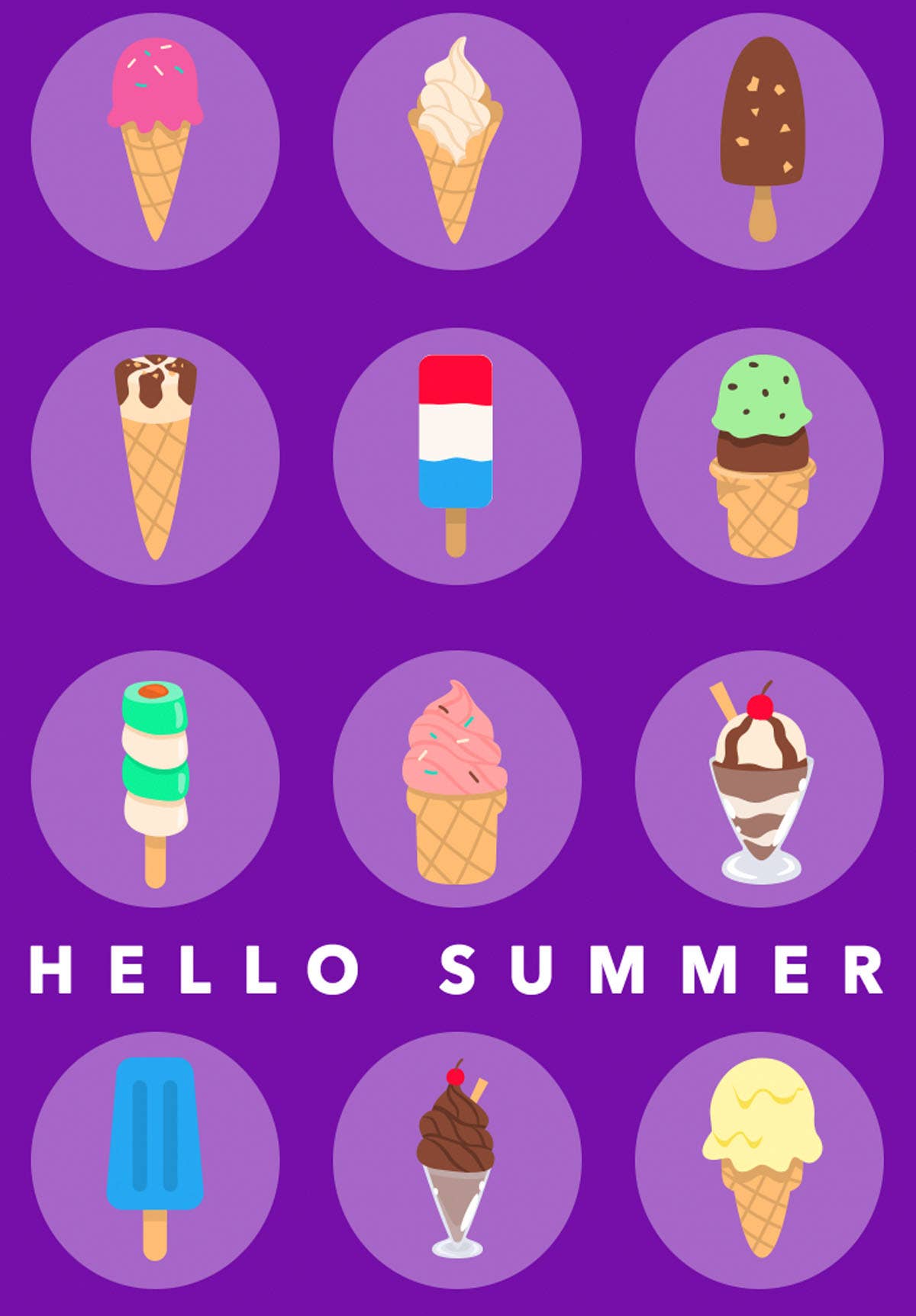 Close-up detail of Hello Summer card showing colorful ice cream illustrations on purple card with word scramble game visible inside