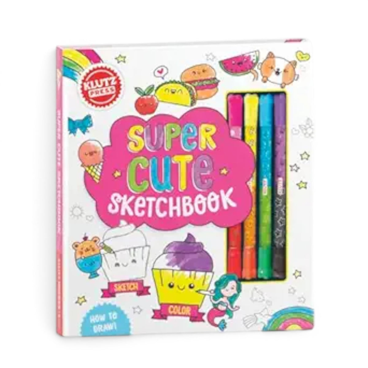 Super Cute Sketchbook with colorful kawaii food illustrations including hamburgers, tacos, watermelon, cupcakes and ice cream, featuring four colored pencils in pink, yellow, blue and purple stored in cover sleeve