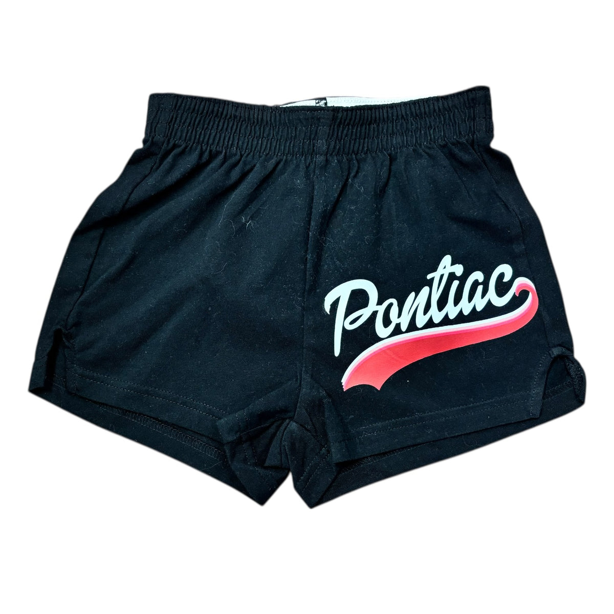 Camp Swoosh Cheer Shorts in black with "Pontiac" in white script with a red swoosh tail