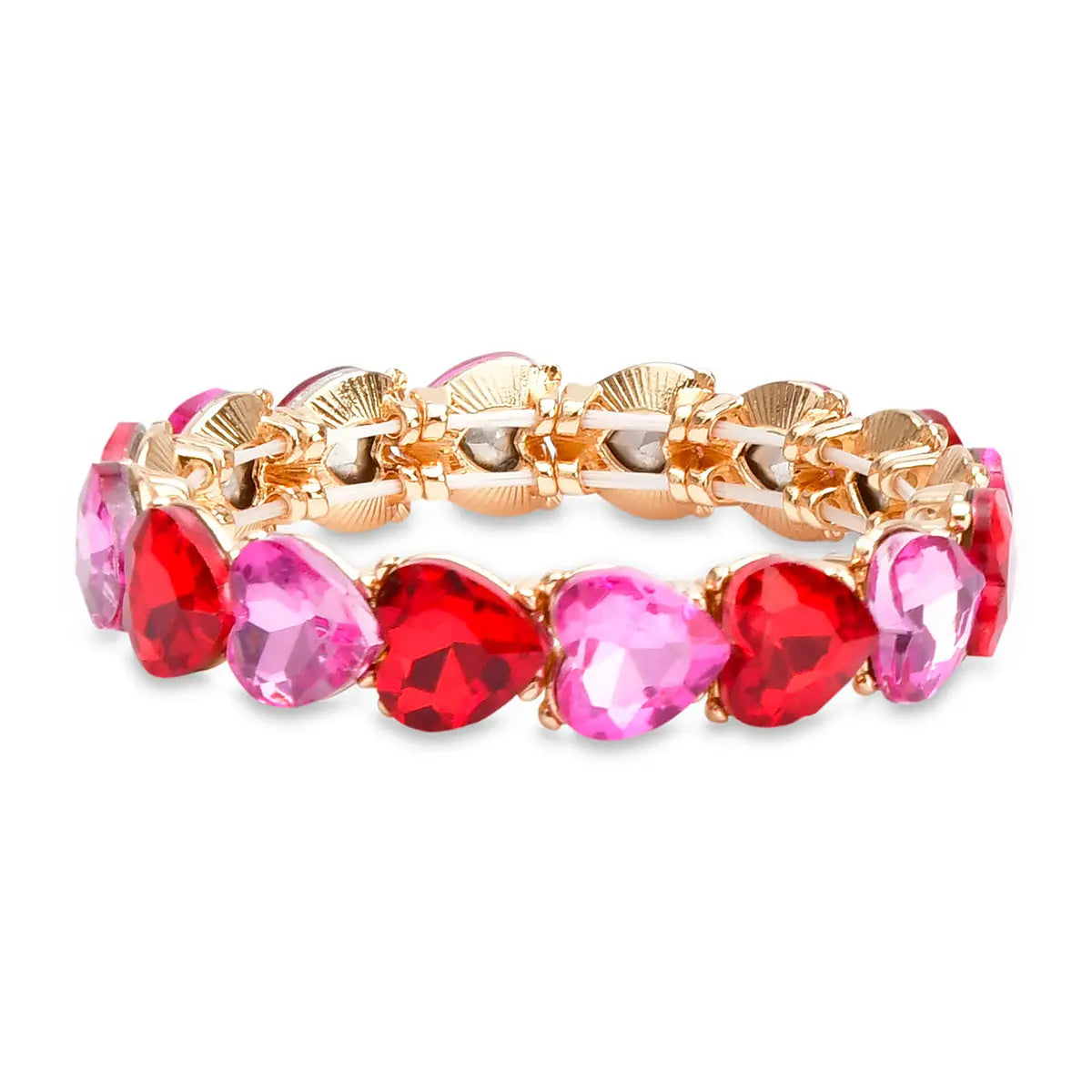 Red and pink heart bracelet with alternating faceted heart-shaped gems in gold-tone setting displayed flat