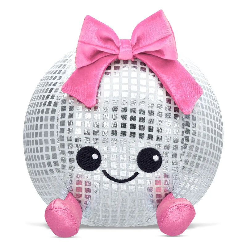 Disco Ball Mini Plush with pink bow, perfect for camp decor