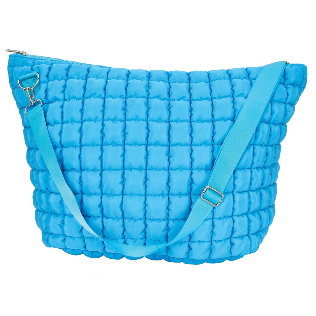 Blue quilted camp overnight bag