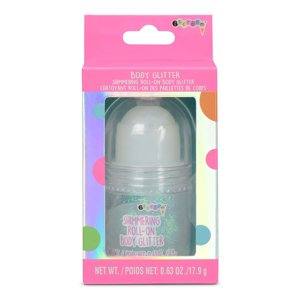 Shimmering Roll-On Body Glitter in a pink iscream box with a holographic window