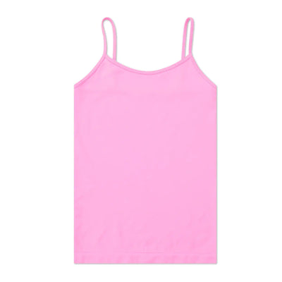 Rose pink camisole with thin adjustable spaghetti straps and scooped neckline on white background