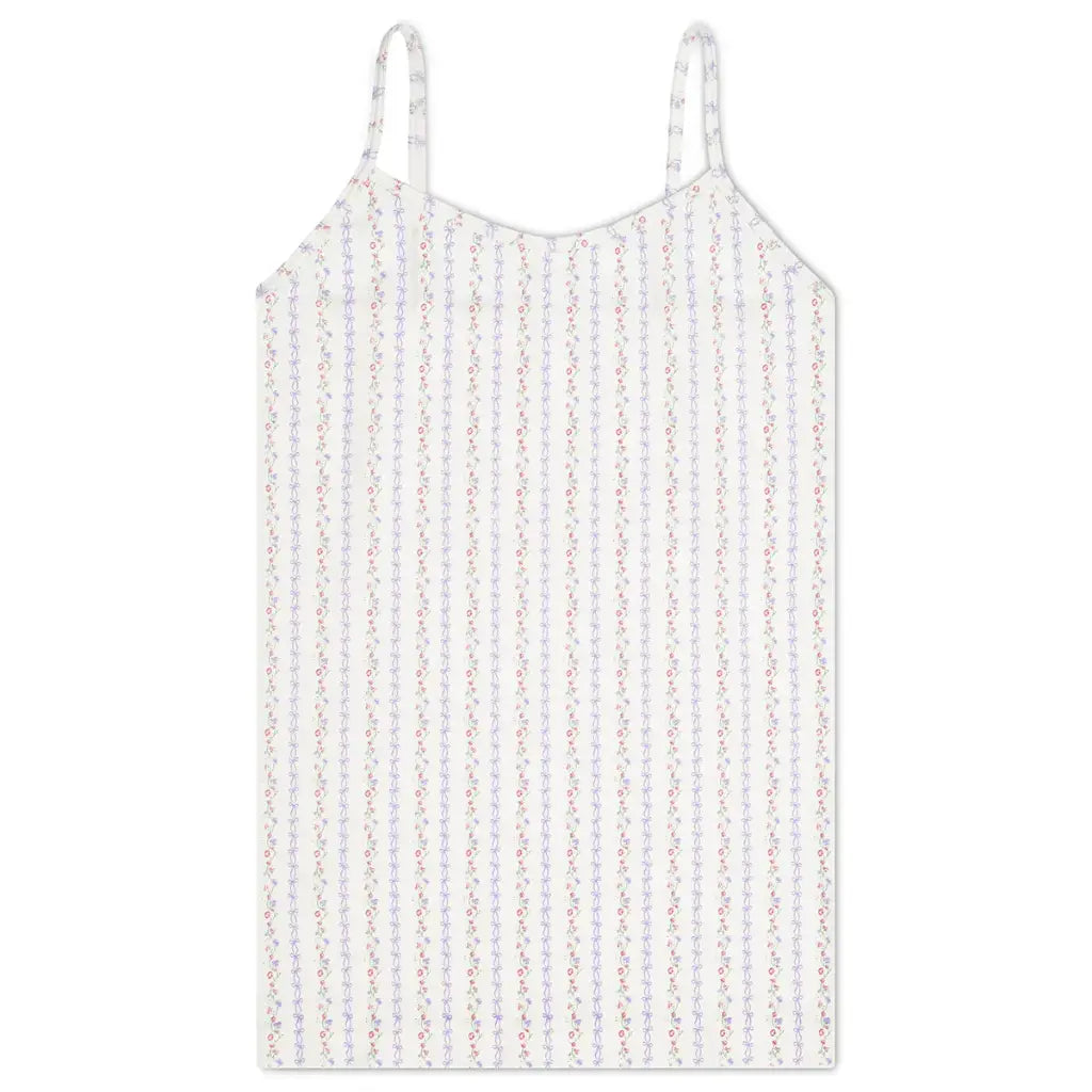 Close-up of cream cami with sweetheart vine print, perfect for camp layering